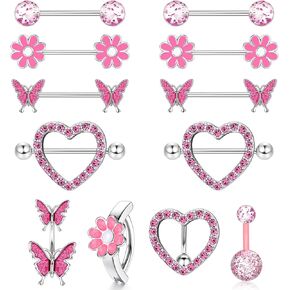 ORAZIO 14G Nipple Rings for Women Surgical Steel Belly Button Ring Butterfly Daisy Flower Nipple Barbells CZ Heart Curved Navel Rings 12 PCS Nipple Piercings Jewelry Set