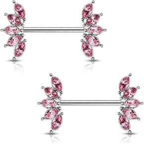 Pierced Owl - 14GA 316L Stainless Steel Crystal Marquise Fan Ends Nipple Barbells, Sold as A Pair
