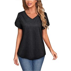 MISS FORTUNE Womens V-Neck Short Sleeve Activewear T-Shirt Petal Sleeve Casual Athletic Moisture Wicking Fitness Tops