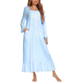 Suelinvy Women Long Sleeve Button Embroideries Victorian Nightgowns Ruffle Cute Sleep Dress Nightdress Pajamas Dress S-XXL