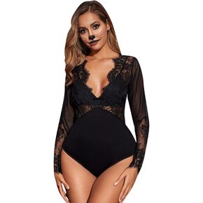 SweatyRocks Women's Sexy Lace V Neck Clubwear Top Sheer Mesh Long Sleeve Bodysuit in Kuwait