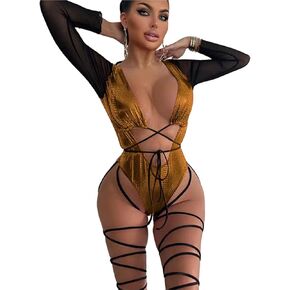 Women Rave Snakeskin Front Buckle Sheer Swimsuit Cut Out Bodysuit Clubwear