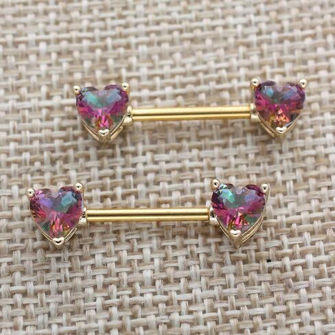 Excepro 2PCS Nipple Barbell 316L Surgical SS PVD Plated Multi-color Red Blue Rainbow Pink Purple CZ Heart shaped Nipple Piercing Shiny Sparkingly Nipple Rings in Kuwait