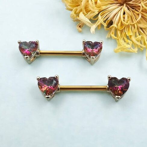 Excepro 2PCS Nipple Barbell 316L Surgical SS PVD Plated Multi-color Red Blue Rainbow Pink Purple CZ Heart shaped Nipple Piercing Shiny Sparkingly Nipple Rings in Kuwait
