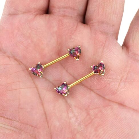 Excepro 2PCS Nipple Barbell 316L Surgical SS PVD Plated Multi-color Red Blue Rainbow Pink Purple CZ Heart shaped Nipple Piercing Shiny Sparkingly Nipple Rings in Kuwait