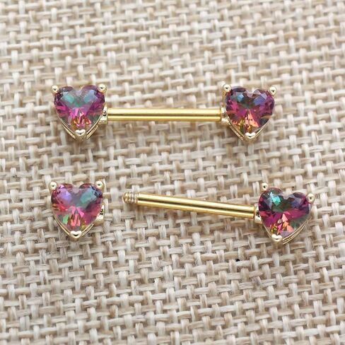 Excepro 2PCS Nipple Barbell 316L Surgical SS PVD Plated Multi-color Red Blue Rainbow Pink Purple CZ Heart shaped Nipple Piercing Shiny Sparkingly Nipple Rings in Kuwait