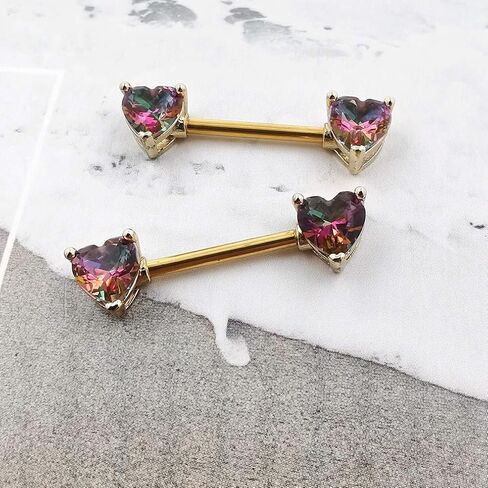 Excepro 2PCS Nipple Barbell 316L Surgical SS PVD Plated Multi-color Red Blue Rainbow Pink Purple CZ Heart shaped Nipple Piercing Shiny Sparkingly Nipple Rings in Kuwait