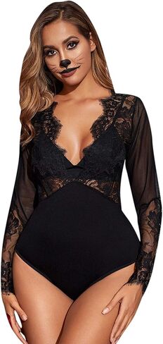 SweatyRocks Women's Sexy Lace V Neck Clubwear Top Sheer Mesh Long Sleeve Bodysuit in Kuwait