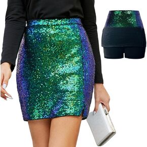 JASAMBAC Women's Sequin Skirt 2023 High Waist Split Sparkle Bodycon Mini Skirt with Shorts Club Night Out Party