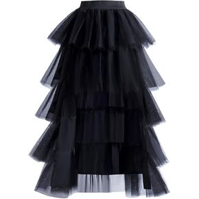 Women's High Low Tutu Skirts Sweet Elastic Waist Tulle Layered Ruffles Mesh Long Tiered Skirt