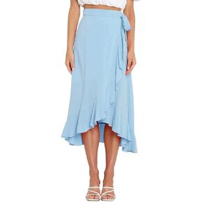 VNDFLAG Women's High Waisted Wrap Ruffle Hem Split Midi Skirt