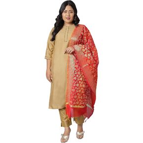 كورتا حريرية من البوليستر الذهبي مقاس كبير للسيدات من Janasya Indian مع بنطال ووشاح in Kuwait