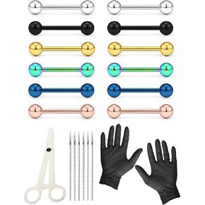 Heienngy ثقب عدة 14G حلقات الحلمة حلقات اللسان الجراحية الفولاذ المقاوم للصدأ الحلمة/اللسان ثقب المجوهرات عدة 14 قياس ثقب الإبر الفضة الأسود قوس قزح الحلمة حلقة اللسان للنساء الرجال in Saudi Arabia