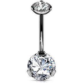 Forbidden Body Jewelry Long Belly Button Rings, Belly Button Jewelry, 14G Surgical Steel, Tri-Prong Round CZ Solitaire Belly Ring for Women, Internally Threaded in Kuwait