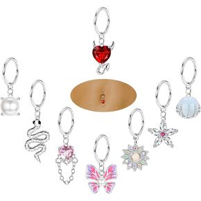 JOERICA 14G Clicker Belly Button Ring Hoop 316L Surgical Steel Dangle Belly Button Rings Butterfly Snake Evil Eye Heart CZ Dangling Navel Rings Hoop Clicker Hinged Segment Belly Ring Hoop Gold Silver Tone 10mm