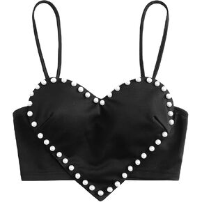 WDIRARA Women's Pearls Sleeveless Asymmetrical Hem Crop Cami Top Sexy Camisole in Saudi Arabia