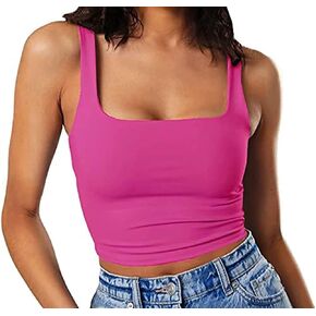 GEMBERA Women's Sexy Sleeveless Strappy Square Neck Crop Tank Top Fitted Gym Stretchy Cropped Tank