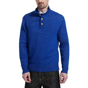 Kallspin Men's Pullover Sweater Wool Midweight Mock Neck Quarter-Button Long Sleeve Pullover
