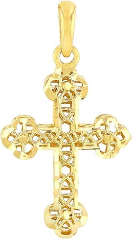 14k Yellow Gold Textured Filigree Christian Orthodox Cross Charm Pendant in Kuwait