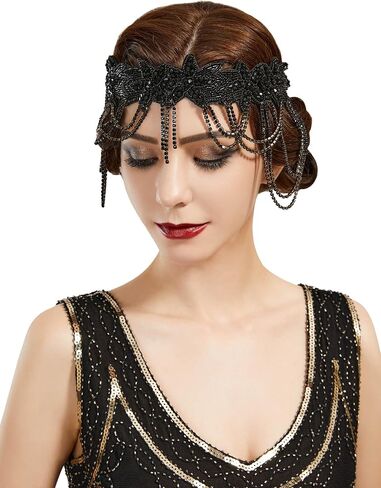 SWEETV 1920s Flapper Headband Vintage Roaring 20s Great Gatsby Headpiece Black Hair Accessories for Women in Saudi Arabia