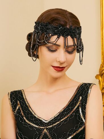SWEETV 1920s Flapper Headband Vintage Roaring 20s Great Gatsby Headpiece Black Hair Accessories for Women in Saudi Arabia