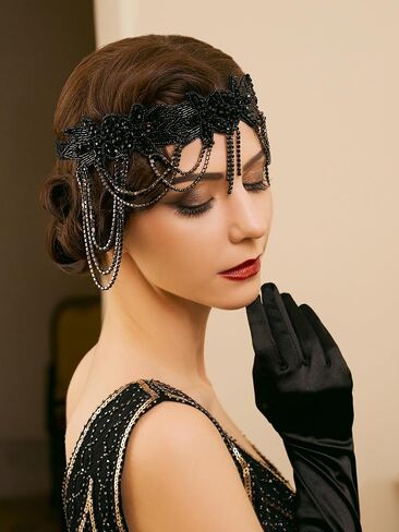 SWEETV 1920s Flapper Headband Vintage Roaring 20s Great Gatsby Headpiece Black Hair Accessories for Women in Saudi Arabia