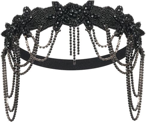 SWEETV 1920s Flapper Headband Vintage Roaring 20s Great Gatsby Headpiece Black Hair Accessories for Women in Saudi Arabia