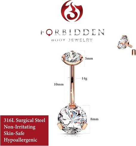 Forbidden Body Jewelry Long Belly Button Rings, Belly Button Jewelry, 14G Surgical Steel, Tri-Prong Round CZ Solitaire Belly Ring for Women, Internally Threaded in Saudi Arabia