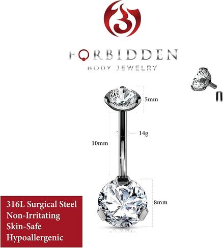 Forbidden Body Jewelry Long Belly Button Rings, Belly Button Jewelry, 14G Surgical Steel, Tri-Prong Round CZ Solitaire Belly Ring for Women, Internally Threaded in Saudi Arabia