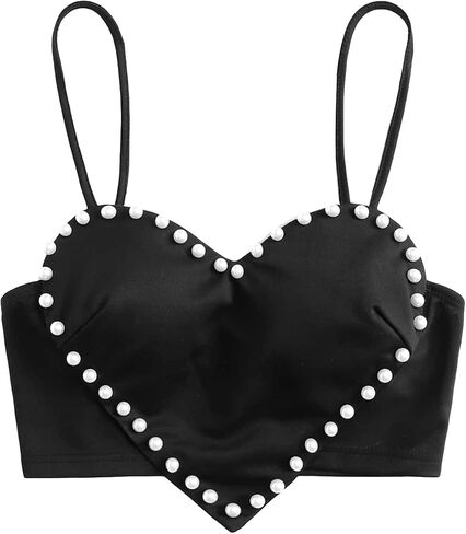 WDIRARA Women's Pearls Sleeveless Asymmetrical Hem Crop Cami Top Sexy Camisole in Kuwait