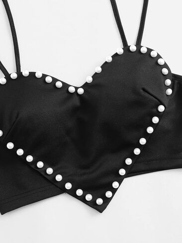 WDIRARA Women's Pearls Sleeveless Asymmetrical Hem Crop Cami Top Sexy Camisole in Kuwait
