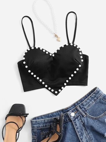 WDIRARA Women's Pearls Sleeveless Asymmetrical Hem Crop Cami Top Sexy Camisole in Kuwait