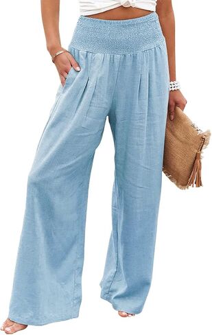 chouyatou Women's Smocked High Waisted Cotton Linen Wide Leg Pants Palazzo with Pockets in Kuwait