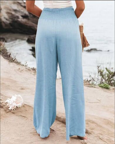 chouyatou Women's Smocked High Waisted Cotton Linen Wide Leg Pants Palazzo with Pockets in Kuwait
