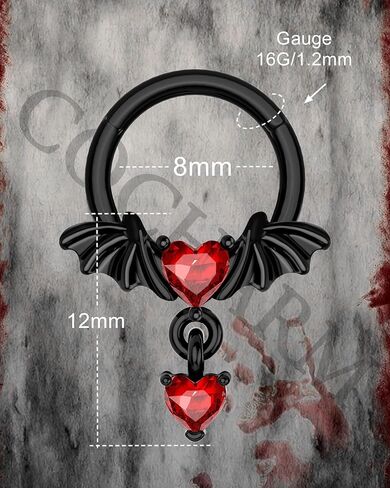 COCHARM 16G Black Dangle Septum Rings Halloween Septum Jewelry Black Bat Wing Helix Daith Earrings for Women Heart CZ Dangling Helix Daith Piercing Jewelry 316L Stainless Steel in Kuwait