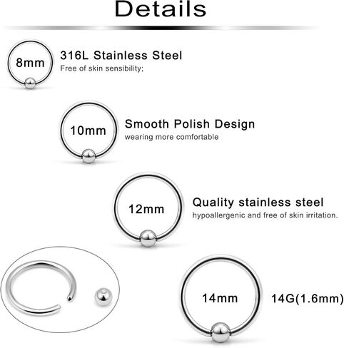 Ftovosyo Tragus هوب أقراط الجراحية الصلب 16 جرام 14 جرام 12 جرام الأسير حبة حلقة الشفاه الحاجز الأطواق هيئة ثقب المجوهرات للنساء الرجال 24 قطعة in Kuwait