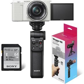Sony ZV-E10 Mirrorless Camera with 16-50mm Lens, White Bundle with ACCVC1 Vlogger Accessory Kit Shooting Grip and 64GB SD Card in Kuwait