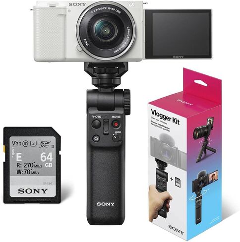 Sony ZV-E10 Mirrorless Camera with 16-50mm Lens, White Bundle with ACCVC1 Vlogger Accessory Kit Shooting Grip and 64GB SD Card in Saudi Arabia