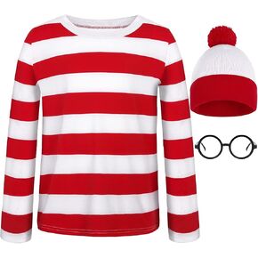 URATOT Kid's Halloween Costume Set Red and White Striped T-shirt Beanie Hat Nerd Glasses in Kuwait
