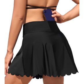 ANFILIA Women's High Waisted Swim Skirt with Back Pocket Scallop Trim Swimsuit Bottom Built-in Panty