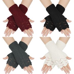 Bencailor 4 Pairs Fingerless Gloves Winter Warm Fingerless Mittens for Women Hand Crochet Knit Gloves Open Fingers
