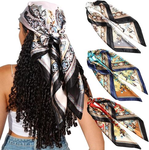 CHLINS 35" Satin Square Hair Scarf Bandanas 3Pcs Large Silk Head Scarves Lightweight Satin Hair Kerchief Sleeping Hair Wraps in Kuwait