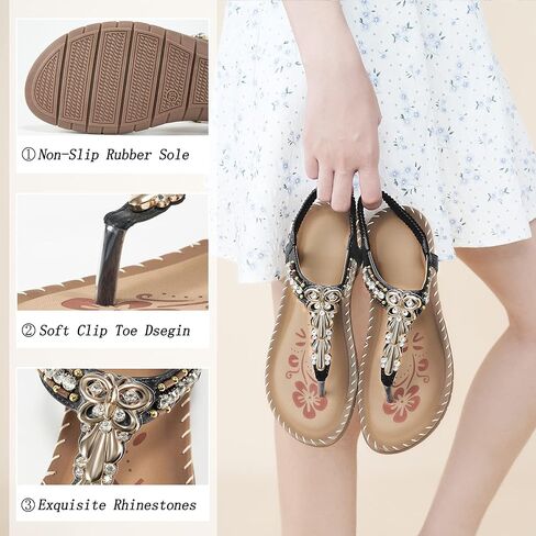 HARENCE المرأة فليب فلوب الصيف الشقق الصنادل للنساء مع حجر الراين مطرز الكاحل T-حزام ثونغ مطاطا صندل الشاطئ الانزلاق على أحذية المشي in Kuwait
