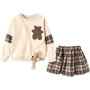 OYOANGLE Girl's 3 Piece Outfits Cartoon Print Long Sleeve Pullover Sweatshirt Top and Plaid Skirts and Bag Sets