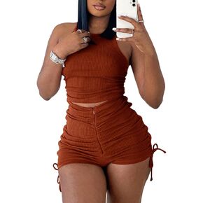 2 Piece Outfits for Women Summer Crop Top Tank High Waist Bodycon Ribbed Solid Sweatsuits Tracksuits Casual Shorts Set Romper