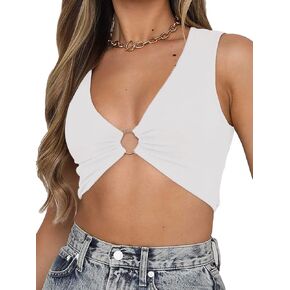 Women's Sexy Sleeveless Plunging Neckline Underboob Corset Y2k Cropped Tank Top with Golden Ring