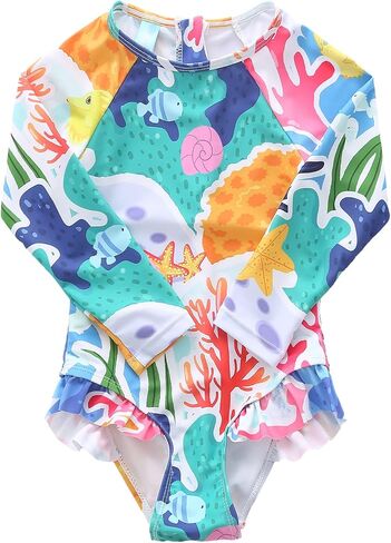Baby Girls One Piece Swimsuits Long Sleeve Rash Guard Swimshirts Kids Sun Protection Bathing Suits in Saudi Arabia