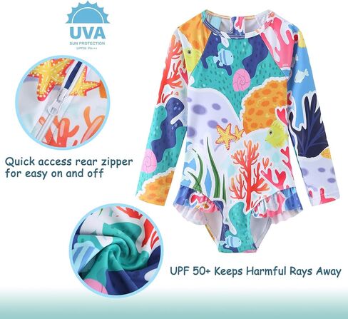 Baby Girls One Piece Swimsuits Long Sleeve Rash Guard Swimshirts Kids Sun Protection Bathing Suits in Saudi Arabia