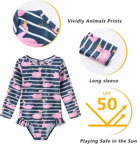 Baby Girls One Piece Swimsuits Long Sleeve Rash Guard Swimshirts Kids Sun Protection Bathing Suits in Saudi Arabia