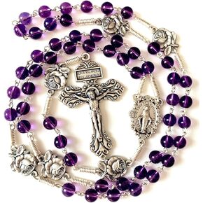 elegantmedical Handmade Catholic Amethyst Beads Our Lady of Grace Rosary Cross Crucifix Necklace Gift Box